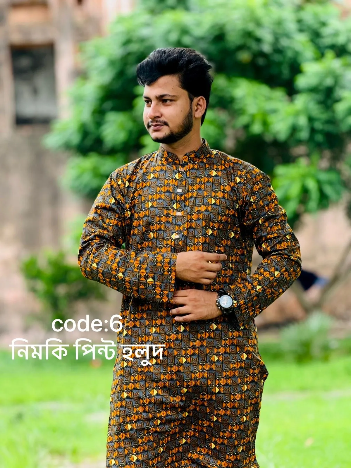 🧵 প্রিমিয়াম সুতি কটন ফেব্রিক্স পাঞ্জাবি কোড:৬ হলুদ